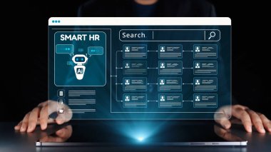 Yapay zekaya sahip akıllı bir İK yönetim sistemini ve verimli çalışan veri yönetimi için gelişmiş bir arama arayüzünü tasvir eden modern bir kavram. Dörtgen