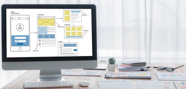 Hareketli mobil uygulama ve web sitesi için UX UI tasarım süreci. Profesyonel uygulama geliştiricisi için kablo grafiğinin yaratıcı prototipi .