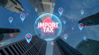 Altında Gökdelenler olan Vergi ve Gümrük İthalatı Konsepti, Teknolojik Etkili Modern İş Ortamı. Sevkiyat.