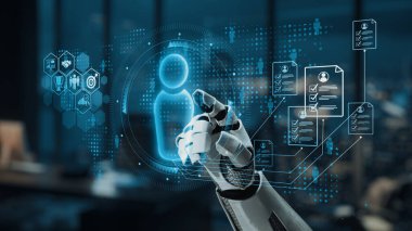 Bir robotik el, gelişmiş teknolojiyi sembolize eden, modern ofis ortamında, kullanıcı profilleri ve veri yönetimi gösteren etkileşimli dijital arayüzle bağlantı kurar. Auvana