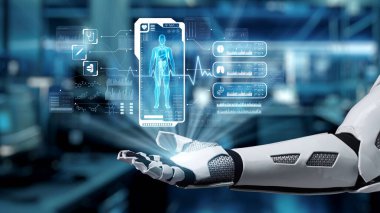 İnsan anatomisi hologramının yüzdüğü bir avuç içi açık robot eli kapat. Robot el, tanı koymak için veriye erişip bağlantı kurarken x ışını hologramını sunuyor. Sağlıklı..