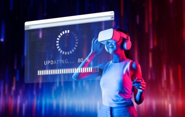 Yazılım güncellemesi ilerledikçe genç bir kadın sanal gerçeklikte derin bir deneyim yaşıyor. Renkli arkaplan ve yükleme arayüzü modern teknolojiyi gösteriyor. XDMCP