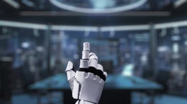 Gelecekçi bir robot el, gelişmiş siber koruma ve dijital güvenlik kavramlarını sembolize eden yüksek teknoloji kontrol odasında parlayan bir güvenlik kalkanı ikonu ile etkileşime girer. Auvana