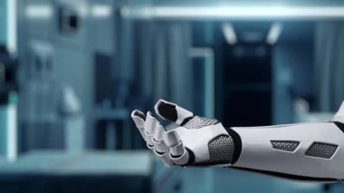 Robotik eli kapat, avuç içini aç ve DNA hologramı yüzsün. Tıbbi verilere erişip belirtilere bağlanırken DNA holografiğini gösteren bir el. Genetik konsept. Sağlıklı..