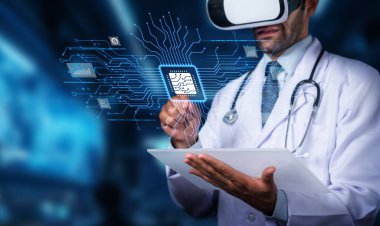 Tıbbi bir profesyonel, hasta sonuçlarını iyileştirmek için sanal gerçeklik teknolojisinden faydalanıyor, 3 boyutlu veri etkileşimi ve ilgi çekici deneyimler ile sağlık hizmetlerinde yenilik sergiliyor. PHMT