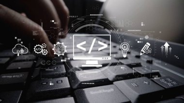 Kodlama sembolleri, web geliştirme süreci, web geliştirme arayüzü ve web geliştirme araçlarını içeren modern web geliştirme kavramı. Muxer