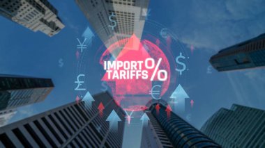 İthalat Tarifi, Gökdelen Arkaplanı ve Vergilendirme ve Ekonomik Etkiyi Vurgulayan Grafik Elementleri ile temsil ediliyor. Sevkiyat.