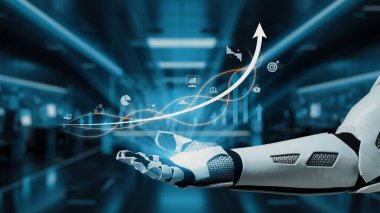 Robotik bir el, dinamik veri görselleştirmeleri ve yukarı doğru grafikleri gösteren yüksek teknolojili bir ortama uzanır. Bu görüntü yeniliği, büyümeyi ve teknolojinin etkisini sembolize eder. Auvana