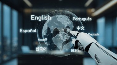 Robot bir el, ofis ortamında çeşitli dilleri gösteren, küresel iletişimi ve gelişmiş teknolojiyi sembolize eden dijital bir küreyi işaret ediyor. Auvana