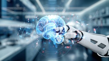 Bulanık laboratuvar arka planına sahip beyin hologramına robotik el gösterimi yap ve tıkla. Tıbbi verilere erişmek ve onları teşhis etmek için robot el beyin ikonuna tıklıyor. Sağlıklı..