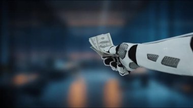 Robotik bir el, teknoloji ve finans kavşağını otomasyon ve yenilik temalarıyla sembolize eden yüksek teknoloji ofis ortamında nakit bulundurur. MZL