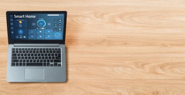 Smart home technology, centric remote control system with digital dashboard for air conditioning, safety security network or house automation. App software, ui panel programming IOT monitor snugly