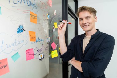 Modern toplantı odasındaki cam tahtaya zihin haritası ve yapışkan notlar kullanarak profesyonel beyaz erkek lider yazma ve pazarlama fikrini paylaşıyor. Yaratıcı iş ve planlama konsepti. Tertemiz..