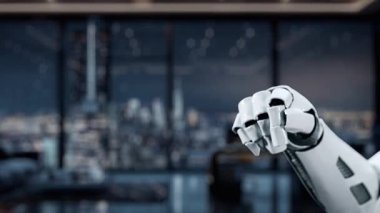 Gelecekçi bir robot eli, teknolojinin modern bir dijital alan içindeki bilgi ve öğrenme entegrasyonunu sembolize eden çeşitli eğitim simgeleriyle etkileşim içindedir. Auvana