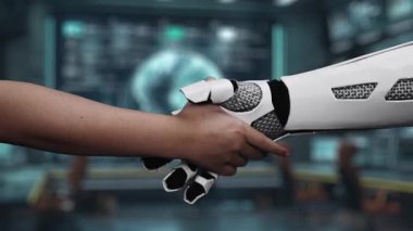 Modern bir ortamda insanlar ve yapay zeka arasındaki işbirliğini sembolize eden, bir insan eli ve bir robot eli gösteren dijital bir sahne. Auvana