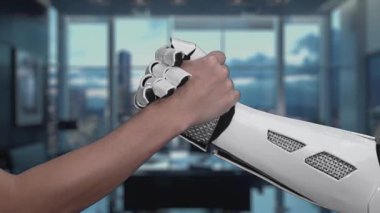 Modern bir ortamda insanlar ve yapay zeka arasındaki işbirliğini sembolize eden, bir insan eli ve bir robot eli gösteren dijital bir sahne. Auvana