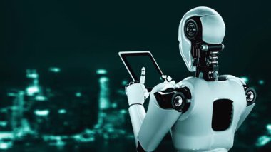 Future financial technology controll by AI robot huminoid uses machine learning and artificial intelligence to analyze business data and give advice on investment and trading decision . 3D rendering .