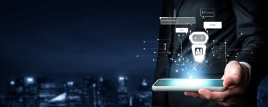 Yapay zeka sanal asistanı Chatbot ile yapay zeka konsepti ile insan etkileşimi, yapay zeka mühendisliği, LLM yapay zeka derin öğrenimi iş desteği için üretken yapay zeka kullanımı. FaaS