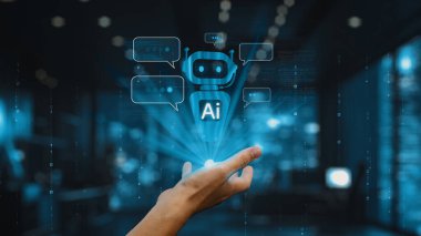 Bir el, dijital fütüristik bir alanda konuşma baloncuklarıyla çevrili, yenilik ve iletişimi temsil eden, yapay zekayı sembolize eden mavi bir robota uzanıyor. Auvana