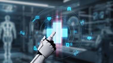 Tıbbi verilere ya da teşhis semptomlarına ulaşmak için robotik el işaretlerini kapatın ve tıbbi çapraz holograma tıklayın. Yapay zeka semptomları analiz ederken robot el çapraz kontrol yapıyor. Sağlıklı..