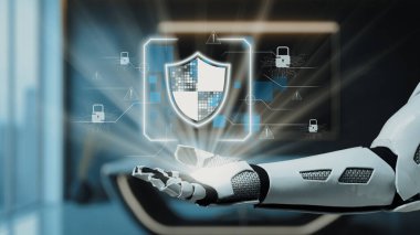 Gelecekçi bir robot el, modern teknoloji ortamında siber güvenliği ve korumayı sembolize eden, teknolojide yenilikleri gösteren dijital bir kalkan grafiği sunar. Auvana