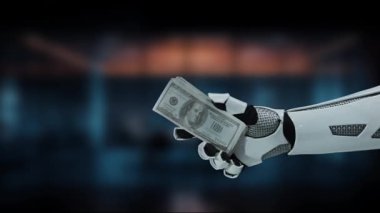 Gösterişli bir robot el, teknoloji ve finans kavşağını sembolize eden, yumuşak ve bulanık bir geçmişe sahip modern yüksek teknoloji ortamını simgeleyen bir tomar para sunar. MZL