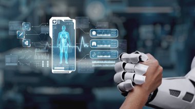 Robot elini kapat ve insan anatomisi hologramıyla el sıkış. Yapay zeka ve insanın birlikte çalışması ya da bulanık laboratuarlı x ışını hologramıyla anlaşma yapması. Sağlıklı..
