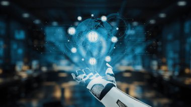 Fütürist bir robot el birbirine bağlı insanların ikonlarıyla çevrili dijital bir küreye uzanıyor, teknoloji ve küresel iletişim temalarını sergiliyor. Auvana