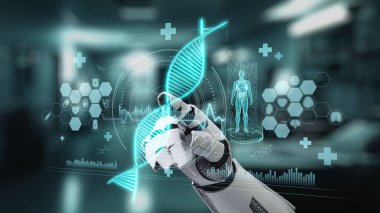 Bulanık laboratuvar arka planına sahip DNA hologramına robotik el gösterimi ve dokunuşlarını kapat. Tıbbi verilere erişmek ve onları teşhis semptomlarına bağlamak için robot el DNA ikonuna tıklıyor. Sağlıklı..