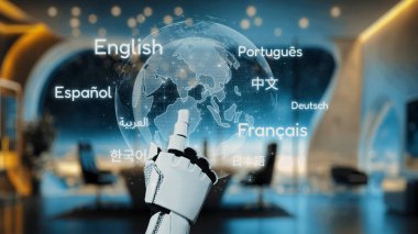 Fütürist bir robot el, modern bir ofiste teknoloji ve küresel iletişimin füzyonunu vurgulayarak, çeşitli dilleri gösteren dijital bir küreyle etkileşim halindedir. Auvana