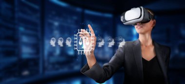 Sanal gerçeklik teknolojisiyle modern bir ortamda, yapay zeka, etik, hukuk ve dijital gelişmelere uymanın önemini vurgulayan profesyonel bir etkileşim. XDMCP