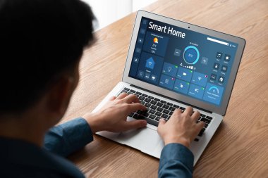 Smart home technology, centric remote control system with digital dashboard for air conditioning, safety security network or house automation. App software, ui panel programming IOT monitor snugly