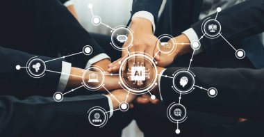 Ofis çalışanlarının el ele dizilmesi başarılı bir iş ortaklığı grubunu ve panoramik pankartta kamu işyerinde güçlü bir birlik takım çalışmasını sembolize ediyor. Kurnaz Dostluk