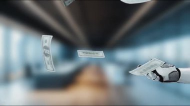 Gösterişli bir robot kolu modern bir ofis içinde parayı zarifçe havaya dağıtıyor. Dinamik sahne, refahı simgeleyen teknoloji ve finans kavşağını yakalıyor. MZL