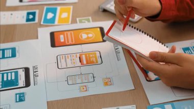 Mobil uygulama ya da web sitesi için kullanıcı arayüzü prototipi planlayan şirket çalışanlarının panorama videosu. UX UI tasarım beyin fırtınası kullanıcı dostu arayüz planı tasarlıyor. Sinerjik