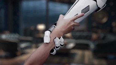 Yenilik ve teknolojinin vurgulandığı çağdaş bir çalışma alanında, insan ve robot arasında dijital dosya yönetimi ve veri güvenliği arasındaki işbirliğinin bir temsili. Auvana