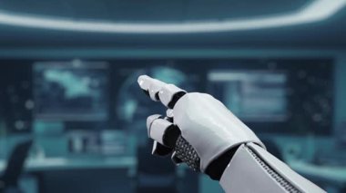 Robotik bir el, bugün dijital ortamda teknoloji ve programlamanın yakınsamasını gösteren, fütüristik bir ortamda canlı kod sembollerine işaret eder. Auvana