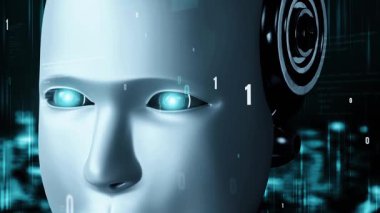 Futuristic robot artificial intelligence huminoid AI programming coding technology development and machine learning concept. Robotic bionic science research for future of human life. 3D rendering.