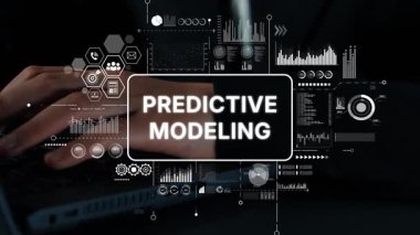 Öngörülebilir Modellemede bulunan İşadamı Klavyede Veri Görselleştirmeleri Klavyesinde. Asemptotik akıllı veri analitiği.