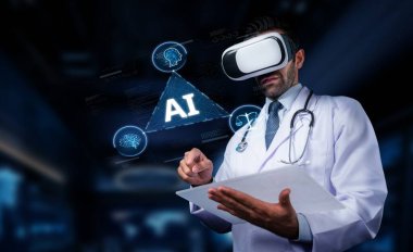 Bir sağlık uzmanı, modern bir tıbbi ortamda yapay zekayı keşfetmek için sanal gerçeklik teknolojisine başvuruyor ve sağlık hizmetlerinde yenilikler sergiliyor. PHMT