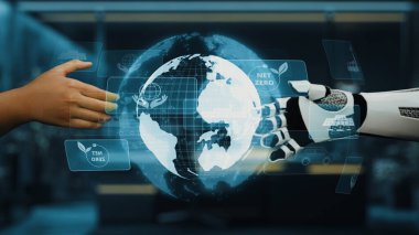Bir insan eli ve robotik bir el dijital küreye ulaşarak, sürdürülebilirlik ve küresel girişimlere ulaşmak için teknoloji ve insanlık arasındaki işbirliğini sembolize ediyor. Auvana