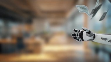 Fütürist robot eli dışarıya doğru uzanıyor ve modern bir ofiste nakit para basıyor. Bu görüntü, teknolojinin finans, yenilik ve ekonomik büyüme ile birleşmesini sembolize etmektedir. MZL