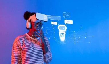 Bir insan sanal gerçeklik deneyimiyle neşe içinde etkileşime girerken bir yapay zeka sohbet robotuyla etkileşime girer, dijital teknolojinin ve kişisel etkileşimin karışımını gösterir. XDMCP