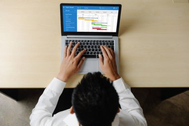 Ekip projesinin zaman çizelgesini gösteren bilgisayar ekranında, modern iş projesi yönetimi için proje planlama yazılımı