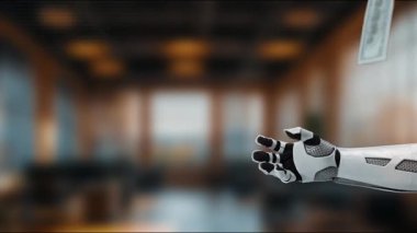 Fütürist bir robot kolu, modern dünyada teknoloji ve finans arasındaki yenilikçi ilişkiyi gösteren nakit paraları çağdaş bir iç mekanda piyasaya sürüyor. MZL