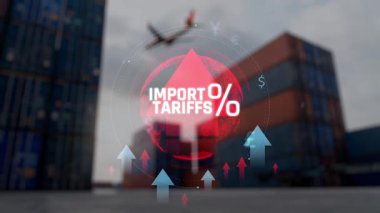 İthalat Gümrüğünün Küresel Ticaret ve Ekonomi Üzerine Etkisi Arkaplandaki Yüzdelik, Ok ve Nakliye Konteynırlarının Görsel Temsili. Sevkiyat.