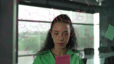 Genç İspanyol çalışanlar renkli yapışkan notlar yazıyorlar. Akıllı iş kadını pazarlama fikrini, beyin fırtınası stratejisini, iş planını paylaşıyor. Proje yöneticisi zihin haritası çiziyor. - Yakın çekim. Yönlendirici.