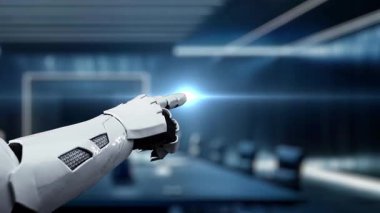 Robotik bir kol, yenilik ve teknolojik gelişmeyi sembolize eden şık modern bir ofiste çeşitli iş grafikleri eşliğinde stilize edilmiş bir roket ikonuna işaret ediyor. Auvana