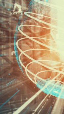 Gelecekteki bina inşaatı ve HUD hologram grafik tasarımı ile yaratıcı mühendislik projesi konsepti. İnşaat mühendisi, mimar ya da inşaat işçisi modern sivil teknoloji ile çalışıyor..