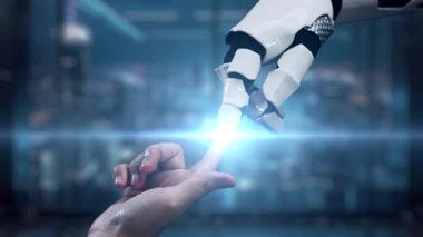 Robotik bir el, modern dijital çalışma alanındaki teknoloji ve veri yönetiminin kesişimlerini gösteren parlayan bir veri depolama grafiğiyle meşgul olur. Auvana